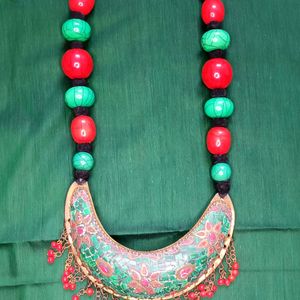 Turquoise Green And Red Bohemian Necklace.