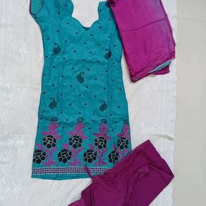 Sea Green And Purple Tailor Made Suit With Dupatta