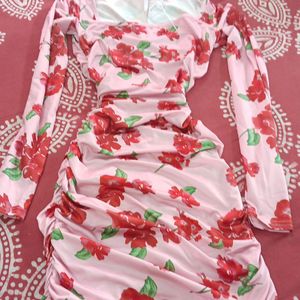 Floral Long Sleeve Runched Bodycon Dress