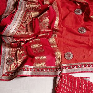 New Red Saree With Unstitched Blouse Piece