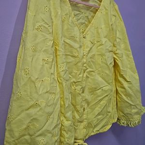 Yellow Floral Schiffli Embroidered Pure Cotton Top