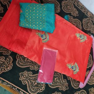 New Saree With Work Blose Piece + Lining Free