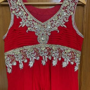 Red Long Flared Gown With Heavy Embroidery