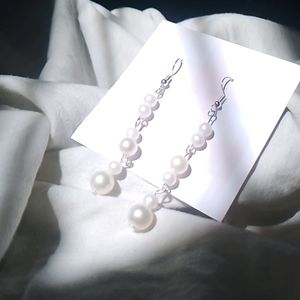 Handmade Long Faux Pearl Earrings (Silver)