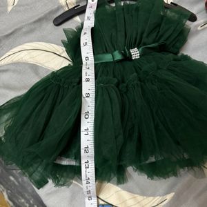 Girls Dark Green Stylish Sleeveless Net Frock