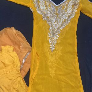 Yellow Heavy Work Stitched Suit With Bottom And Duppata