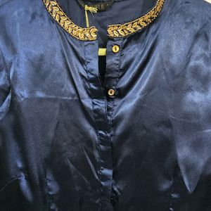 Fusion Party Navy Satin Embroidered Shirt