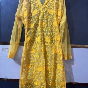 Mustard Net Chikankari Kurta