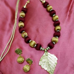 Handmade Silk Thread Leaf Design Jewellery With Earrings