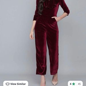 BURGUNDY VELVET RUFFLES JUMPSUIT