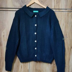 Dark Blue Self Design Front Open Sweater Size-44