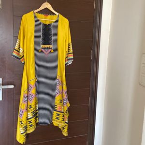 W for Women Mustard Yellow Asymmtric Hem Printed Kurta,size (18)xxxl(New Without Tag)bust 46, Waist 45, Length 45