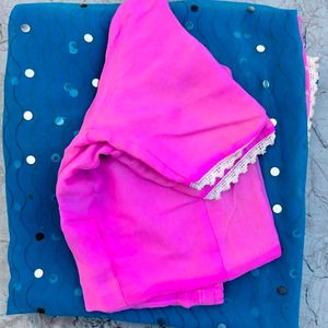 Blue - Pink Saree With Blouse For Women 🥻