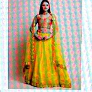 Yellow Unstitched lehnga with packet