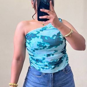 Aqua Green Marble Print One Shoulder Mesh Top