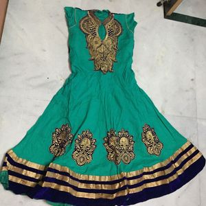 Designer Sea Green Cotton And Velvet Kurti