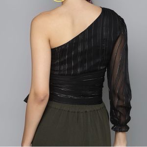 Sassafras Women Black & Silver One Shoulder Top