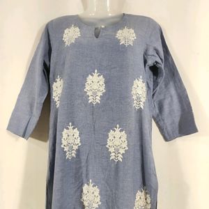 Blue Floral Embroidered Kurti ( Women)