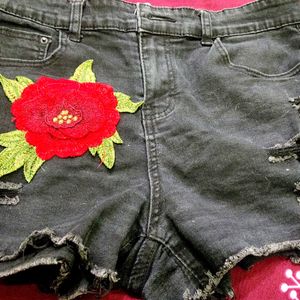 Black Washed Denim Short With Rose Patch