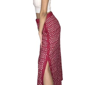 Long Red Printed Thigh Slit Skirt