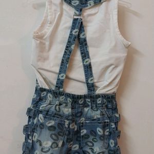 Denim Dungaree Set With Sparkly White Tshirt