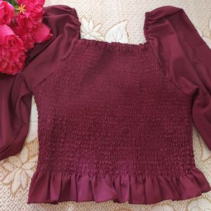 Casual 3/4 Sleeve Wine Colour Top