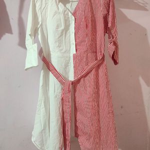 Red And White Knee Length Shirt Dress