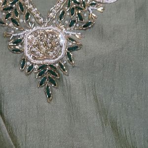 Olive Green Suit With Organza Dupatta