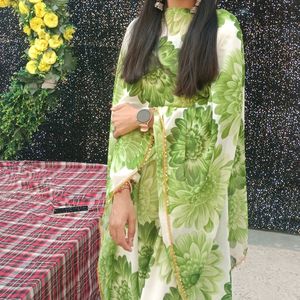 Green And White Anarkali