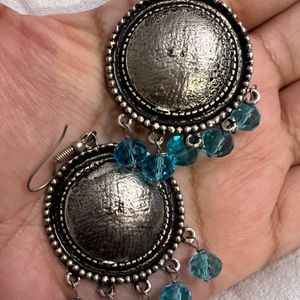 Blue Oxidised Silver Look Round Earrings