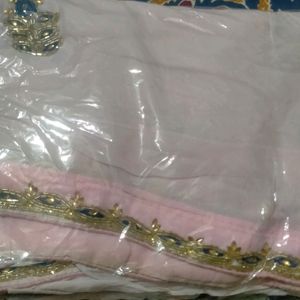 Light Pink Saree With Contrast Blue Blouse M Size