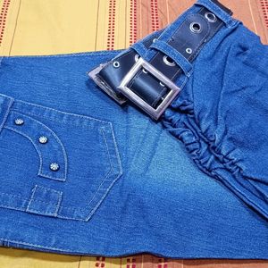 Blue Denim Capri With Knee Belt