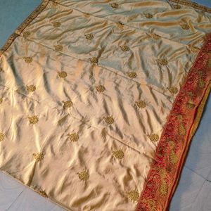 Cream colour satin Designer work saree