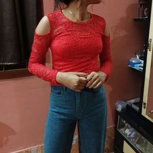 Cherry Red Off/cool Shoulder Top