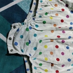 White And Multicolour Dotted Diaper Dress For Girl