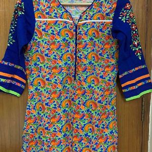 Floral Kurta Multicolour Orange Blue