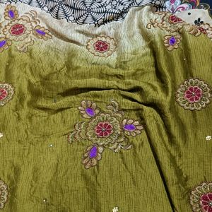 Embroidered Saree In Olive Green