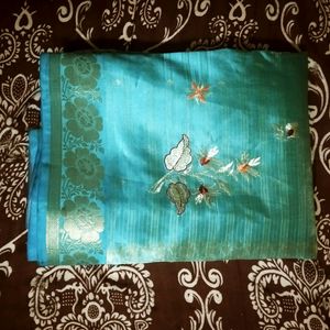 Teal Blue Colour Saree With Embroidery Flowers