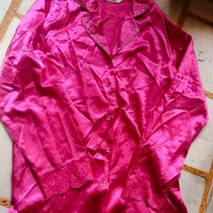 Satin Silk Pink T Shirt For Nightwear, Kundan Work