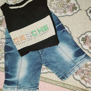 Blue Denim Short And Black T-shirt