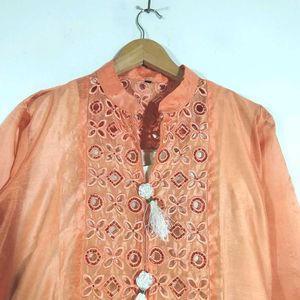 White And Coral Kurta Set (Women's)