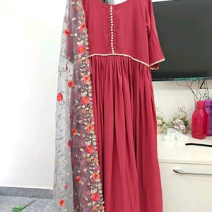 Coral Brick Red Flared Kurta With Dupatta