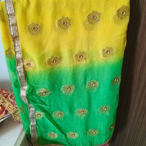 Yellow Green And Pink Combination Saree