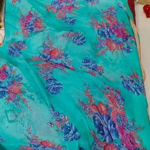 Saree With Blouse (Cyan )