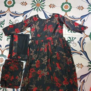 S- Size A-line Printed Black Kurti Set