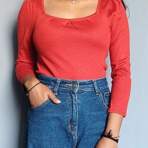 Red square neck sweater