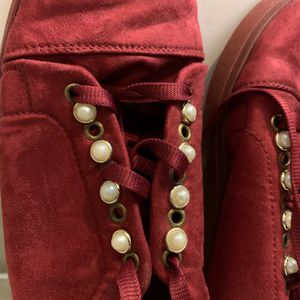 Maroon Velvet With Pearl Design Shoes