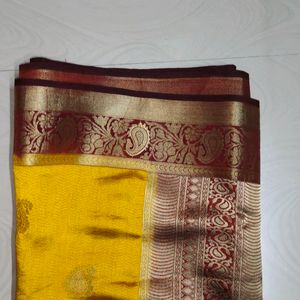 Mustard Yellow Maroon Colour Saree