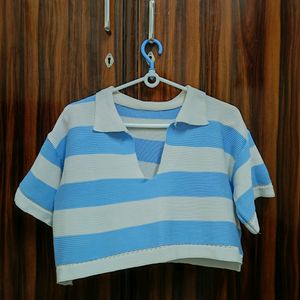 Urbanic V Neck Checked White Blue Crop Top