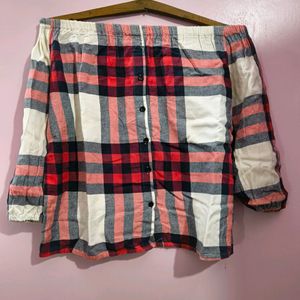 Off Shoulder Red And Blue Check Shirt